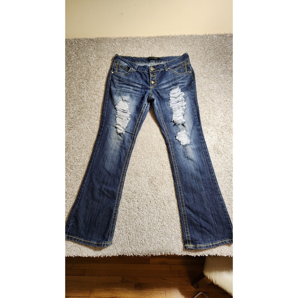 21 Black Rue 21 Y2K Style Button Fly Womens Distressed Denim Jeans Size 13/14R